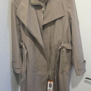 Halston Heritage Taupe Long Trench Coat with Belted Waist and Zip Details